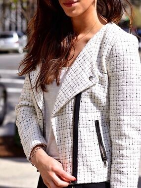 Banana Republic Women's Cream Tweed Moto Jacket with Black Trim